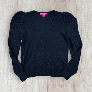 Lilly Pulitzer Navita Sweater Black Metallic Puff Shoulder V-Neck Size L
